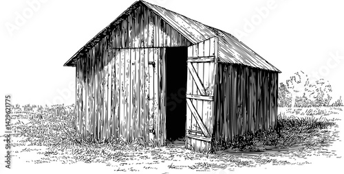 Illustration of an old wooden barn on a grassy field in black and white sketch. Vector illustration