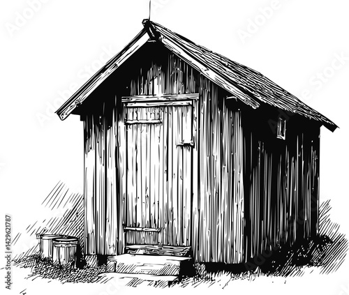 Illustration of a rustic wooden shed with vertical planks and overhanging roof. Vector illustration