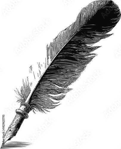 Intricate black and white illustration of a vintage quill pen drawing. Vector illustration