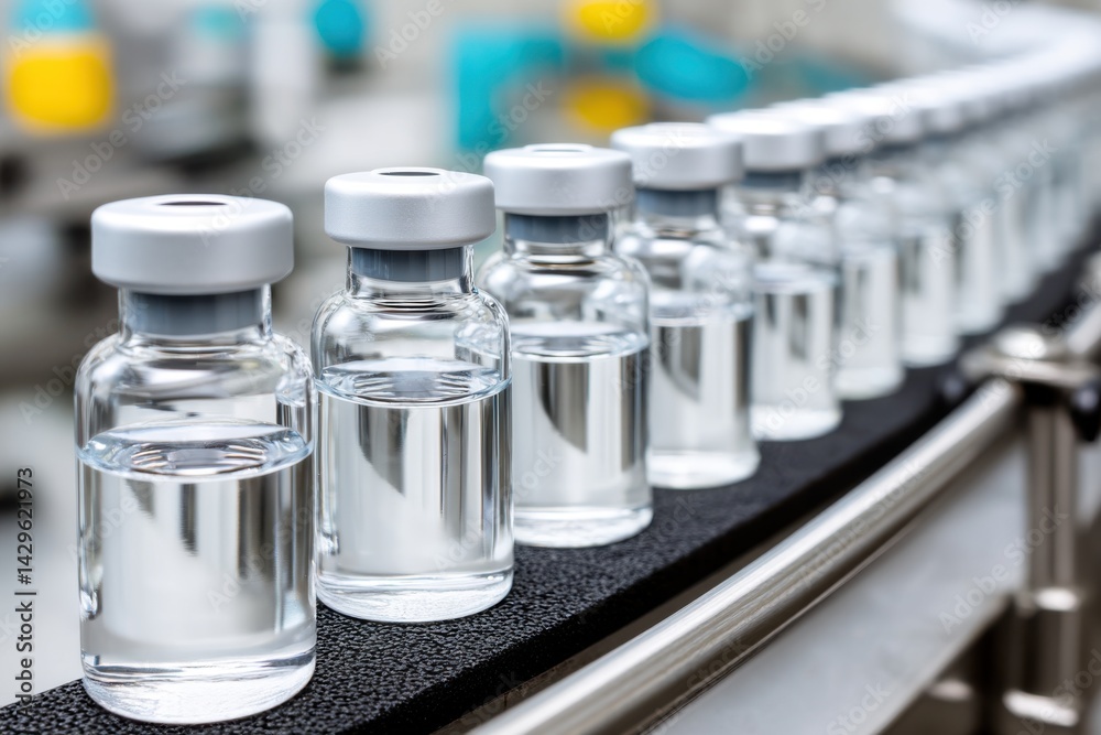 Glass vials with clear liquid on conveyor belt, in pharmaceutical factory, ready for packaging.