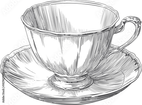 Vintage tea cup and saucer sketch with intricate details, monochrome illustration. Vector illustration