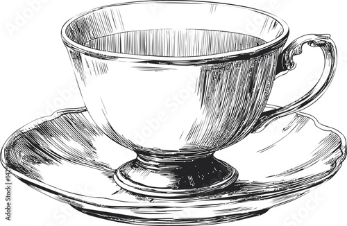 Intricate black and white sketch of a classic teacup on a matching saucer. Vector illustration