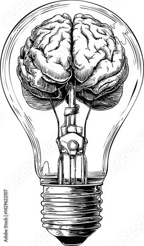 Illustration of a brain inside a light bulb symbolizing creativity and innovation. Vector illustration