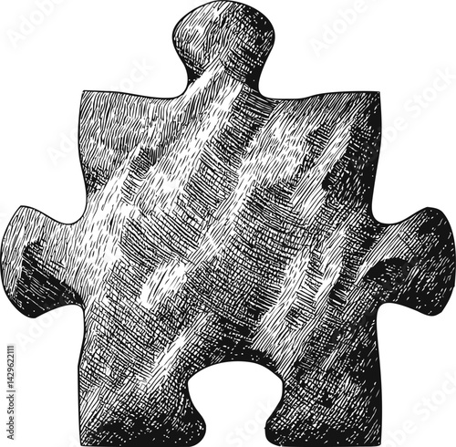 Detailed black and white sketch of a puzzle piece with textured patterns. Vector illustration