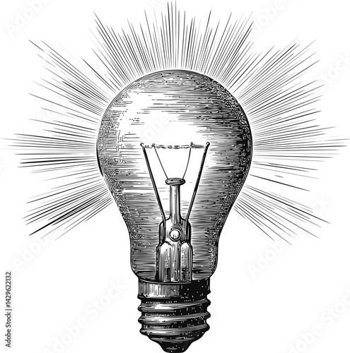 Vintage illustration of shining light bulb with detailed filament sketch. Vector illustration