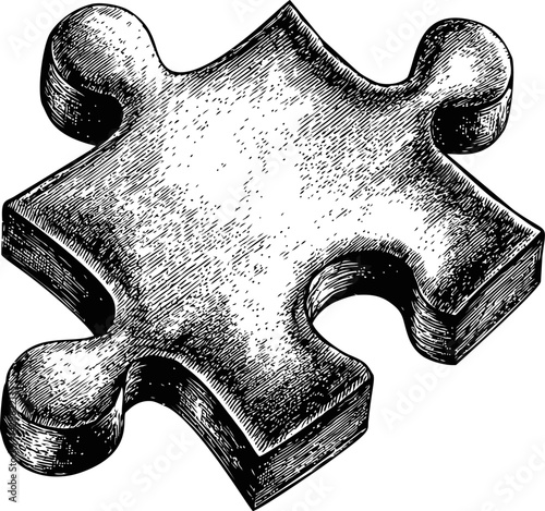 Illustrated black and white jigsaw puzzle piece with textured shading. Vector illustration