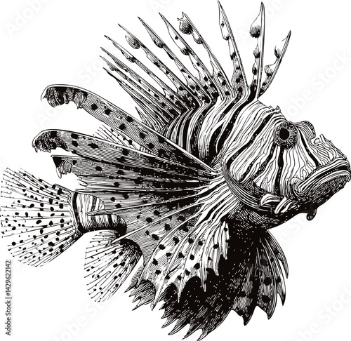 Detailed black and white illustration of a lionfish with spiky fins underwater. Vector illustration