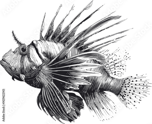 Black and white illustration of a detailed lionfish profile, intricate line art. Vector illustration