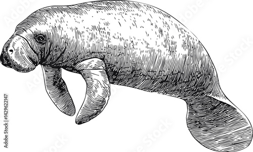 Black and white illustration of a swimming manatee in vintage style art. Vector illustration