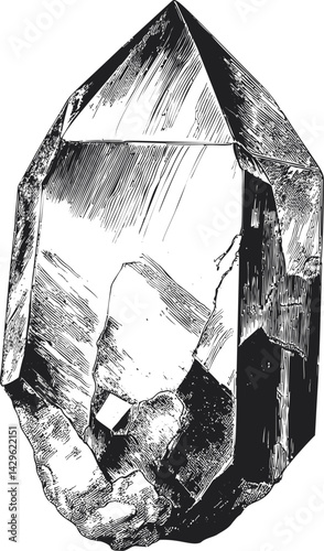 Detailed black and white sketch of a crystalline mineral structure. Vector illustration