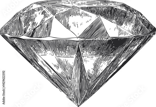 Detailed monochrome illustration of a faceted diamond sketch art. Vector illustration