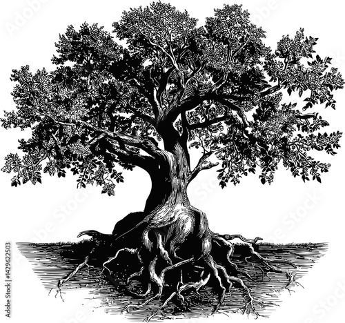Black and white illustration of an ancient oak tree with exposed roots. Vector illustration