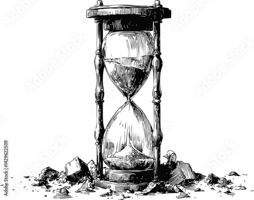 Detailed hand-drawn hourglass surrounded by scattered rocks in black and white. Vector illustration