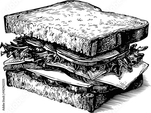 Sketch of a sandwich with lettuce, cheese, and tomato in black and white. Vector illustration