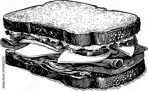 Detailed black and white drawing of a sandwich with cheese and lettuce, engraving. Vector illustration