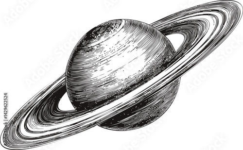 Detailed black and white sketch of Saturn with its rings drawn intricately. Vector illustration