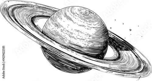 Detailed black and white line drawing of saturn with rings in space illustration. Vector illustration