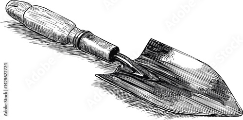 Illustration of a detailed metal garden trowel with wooden handle in black and white. Vector illustration