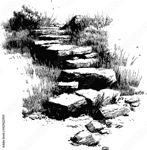 Black and white illustration of stone steps with grass and shrubs, ink drawing. Vector illustration