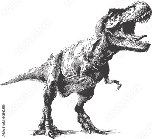 Black and white sketch of a roaring t-rex dinosaur with detailed textures. Vector illustration
