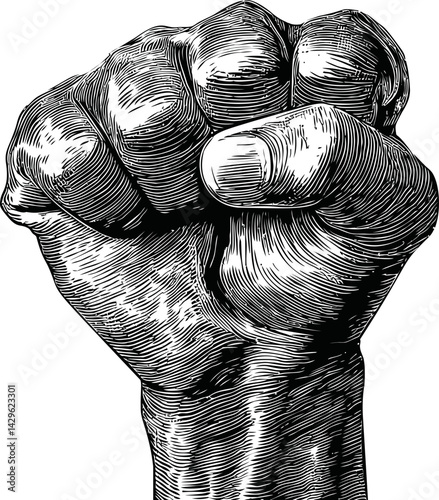 Raised clenched fist in black and white sketch, symbol of strength and unity. Vector illustration