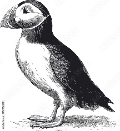 Detailed black and white illustration of a puffin standing calmly. Vector illustration