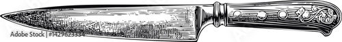Vintage engraved kitchen knife with intricate handle design in black and white. Vector illustration