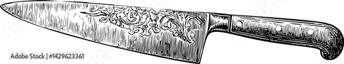 Engraved chef's knife with detailed floral patterns in black and white illustration. Vector illustration