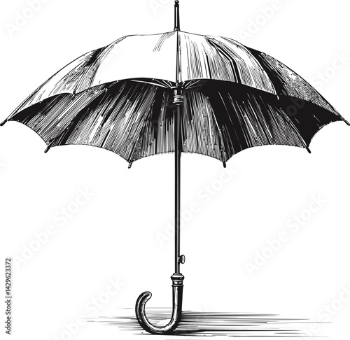 Black and white illustration of an open umbrella with detailed design. Vector illustration