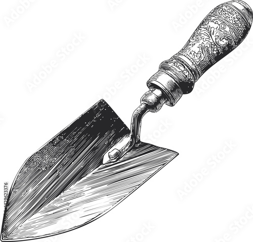 Vintage engraved illustration of a garden trowel with ornate handle design. Vector illustration