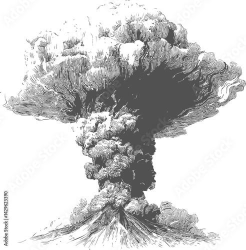 Detailed black and white illustration of a volcanic eruption with smoke plumes. Vector illustration