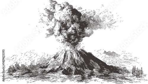Vintage illustration of an erupting volcano with ash cloud and landscape. Vector illustration