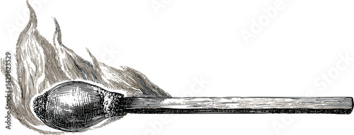 Illustration of a burning wooden matchstick with detailed flame sketch. Vector illustration