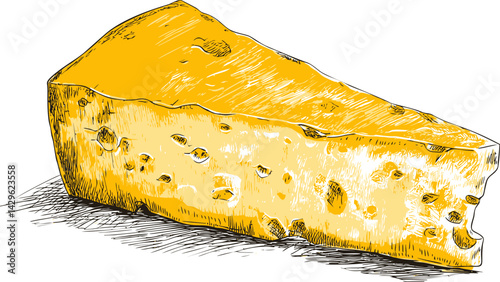 Illustration of yellow cheese wedge with holes, detailed sketch. Vector illustration