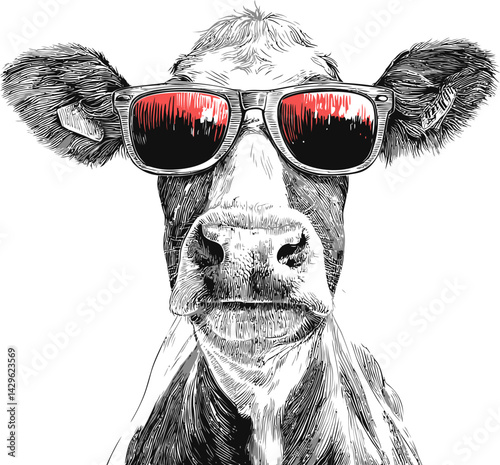 Stylish cow wearing red sunglasses in black and white sketch art. Vector illustration
