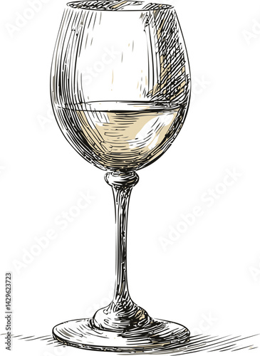 Detailed sketch of a wine glass with white wine, vintage art. Vector illustration