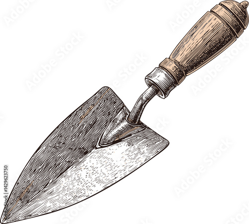 Illustration of a vintage garden trowel with wooden handle, detailed sketch. Vector illustration