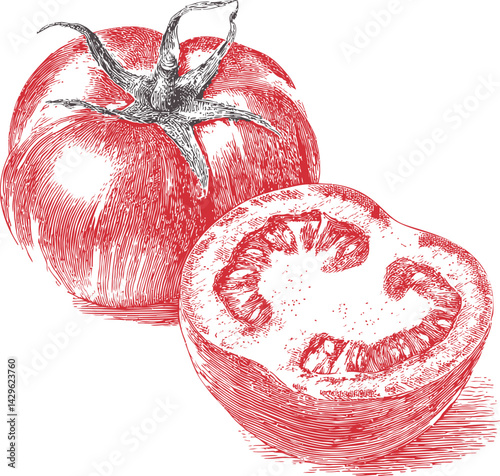 Detailed red sketch of whole and sliced tomatoes with intricate lines. Vector illustration
