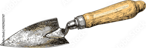 Illustration of a vintage hand trowel with wooden handle and metal blade. Vector illustration