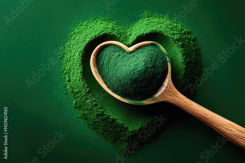 Heart-shaped pile of vibrant green spirulina powder on a wooden spoon. photo