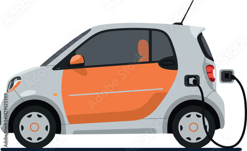 Electric car charging station with compact vehicle white and orange colors eco friendly urban transport vector 