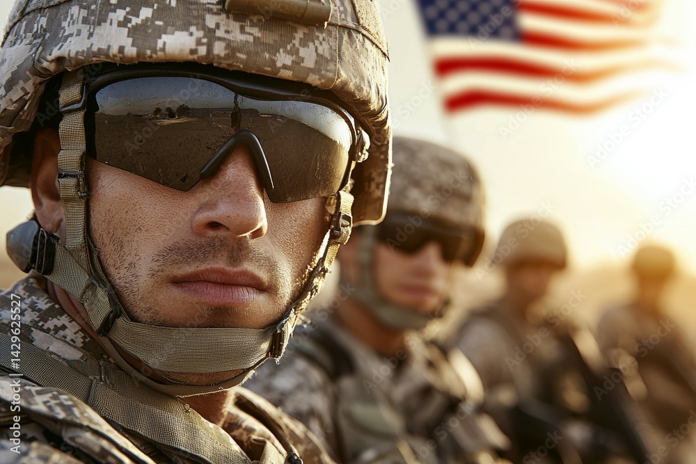 Fototapeta premium Man in a military uniform stands in front of an American flag