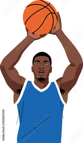 Basketball player shooting ball in blue jersey sports action vector illustration 