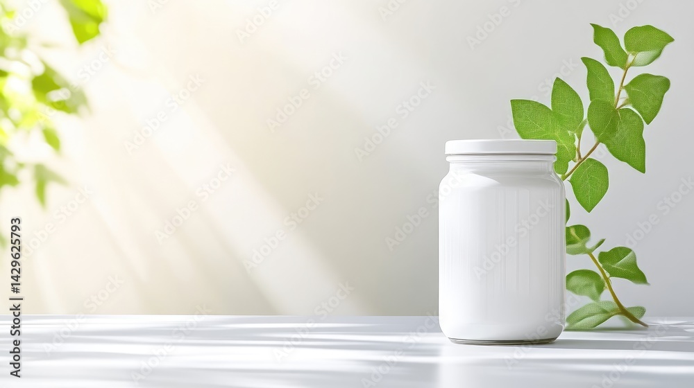 A white jar with lid placed on a clean white surface, fresh green leaves in the background, and soft sunlight creating a serene and natural atmosphere. A white jar with lid placed on a clean white surface, fresh green leaves in the background, and soft sunlight creating a serene and natural atmosphere.