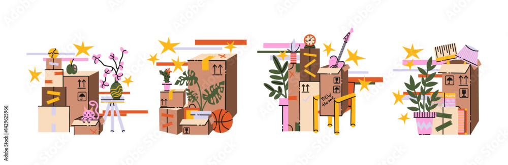 Obraz premium Moving compositions in retro cartoon style, open cardboard boxes, furniture, tape rolls, lamps in 90s style.Home transition elements, illustration in retro cartoon style, trendy stickers