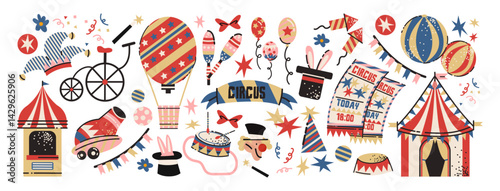 Circus sticker set in retro cartoon style. Clowns, acrobats, circus tents, tickets, drums, trained animals — playful collection of nostalgic elements in trendy retro doodle style