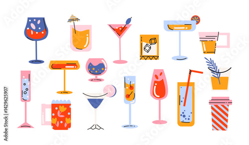 Alcoholic cocktails in retro cartoon style. Glasses with colorful drinks, garnishes, ice cubes, straws, citrus slices, trendy bar elements, illustration in retro cartoon style, 90s stickers.