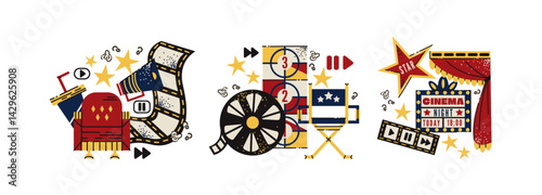 Cinema and movie-making compositions in retro cartoon style. Film reels, director’s chair, clapperboard, camera, popcorn, 3D glasses — nostalgic film production illustration in trendy retro style