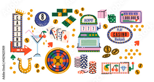 Casino and gambling sticker set in retro cartoon style. Playing cards, poker chips, dice, roulette wheel, slot machines, lucky sevens - fun casino elements in trendy retro doodle style.