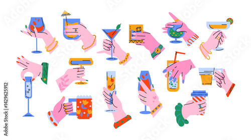 Hands holding various cocktails, cups, and bottles in retro cartoon style. In various poses. Refreshing drinks, party vibes, 90s aesthetic, illustration in retro cartoon style, trendy stickers